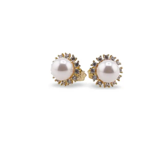 Cercei cu surub din cupru placat cu aur galben 18k, perla si zirconiu, model floare, imagine 2