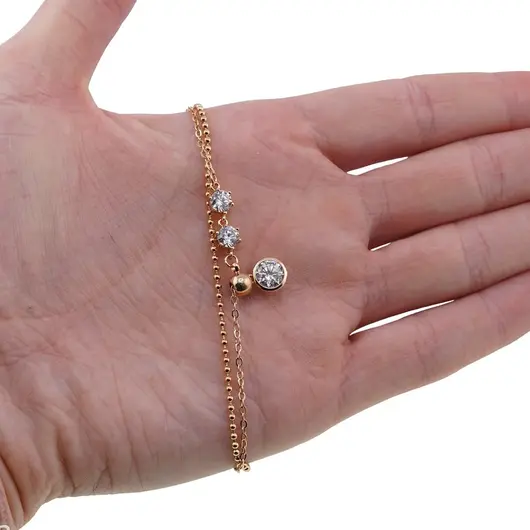 Bratara din cupru placat cu aur roz 18k, pe doua randuri si charm cu zirconii, imagine 3