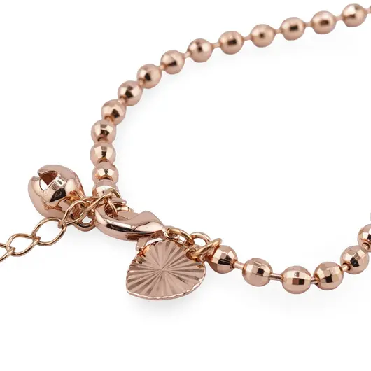 Bratara din cupru placat cu aur roz 18k, sfere fatetate cu charm inima si clopotel, imagine 2