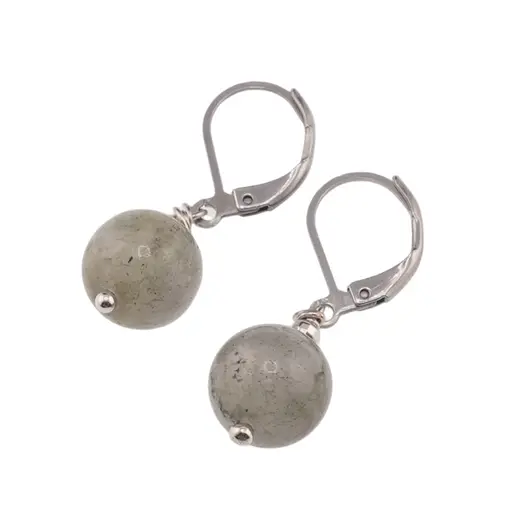 Cercei cu agatatoare labradorit, sfere de 10mm si bumb gravat