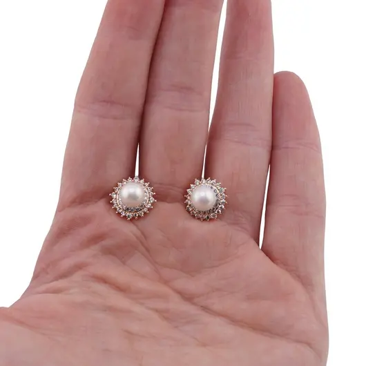 Cercei cu surub cupru placat cu aur roz 18k, Perla si montura rotunda cu zirconii, imagine 3
