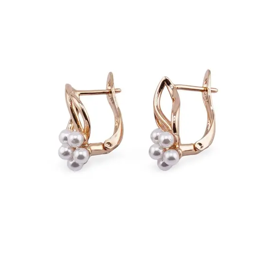 Cercei din cupru placat cu aur roz 18k, frunza cu floare din perle, imagine 2