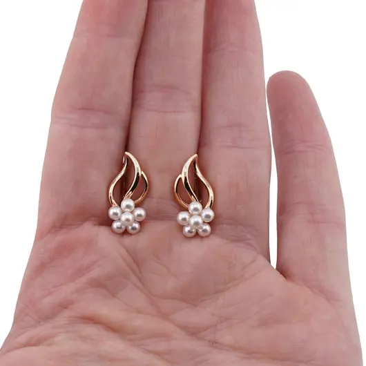 Cercei din cupru placat cu aur roz 18k, frunza cu floare din perle, imagine 3