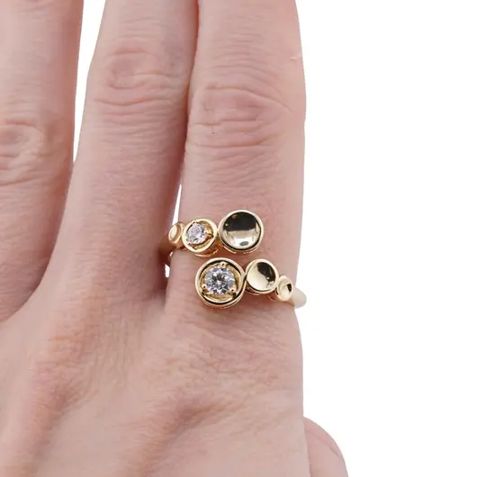 Inel reglabil din cupru placat cu aur galben 18k, model cercuri cu zirconii, imagine 3