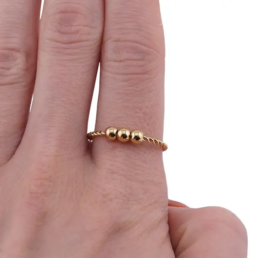 Inel reglabil din cupru placat cu aur galben 18k, model rasucit cu trei sfere, imagine 3