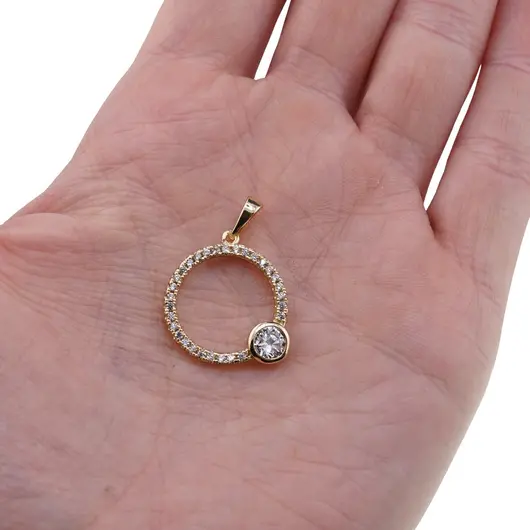 Pandantiv din cupru placat cu aur galben 18k, model rotund cu zirconii si piatra laterala, imagine 3