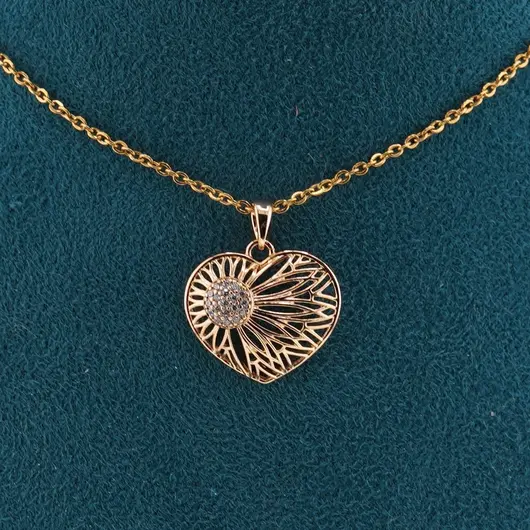 Pandantiv din cupru placat cu aur roz 18k, inima cu model floral si zirconii, imagine 2