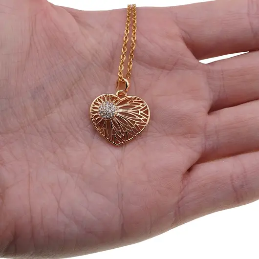 Pandantiv din cupru placat cu aur roz 18k, inima cu model floral si zirconii, imagine 3