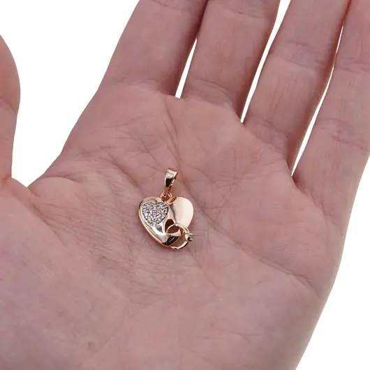 Pandantiv din cupru placat cu aur roz 18k, model inima cu charm si zirconii, imagine 3