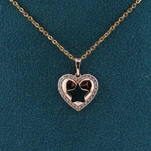 Pandantiv din cupru placat cu aur roz 18k, model inima cu zirconii si stea decupata, imagine 2