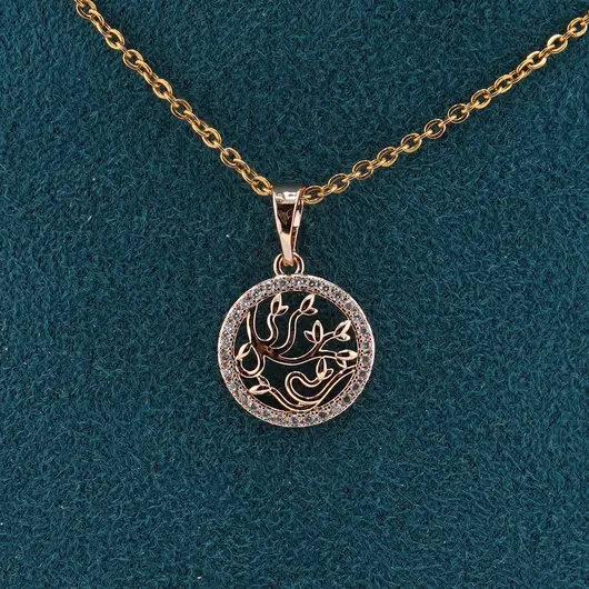 Pandantiv din cupru placat cu aur roz 18k, model rotund filigranat si zirconii, imagine 2