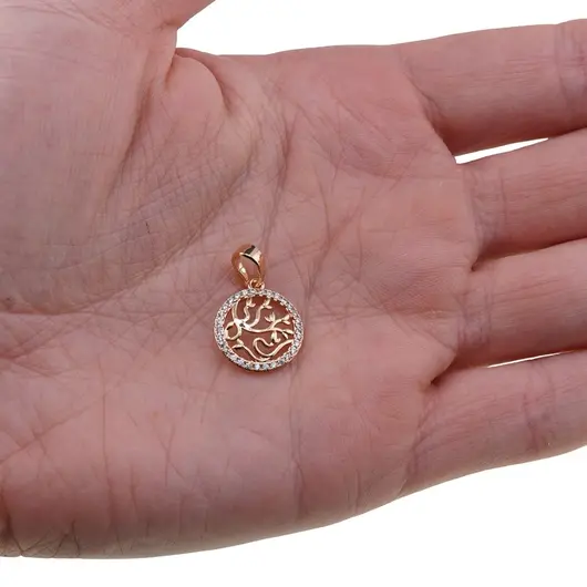 Pandantiv din cupru placat cu aur roz 18k, model rotund filigranat si zirconii, imagine 3