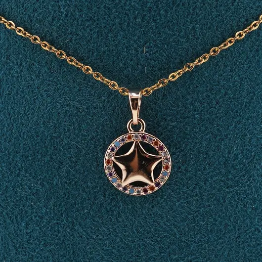 Pandantiv din cupru placat cu aur roz 18k, model rotund zirconii colorate si stea, imagine 2