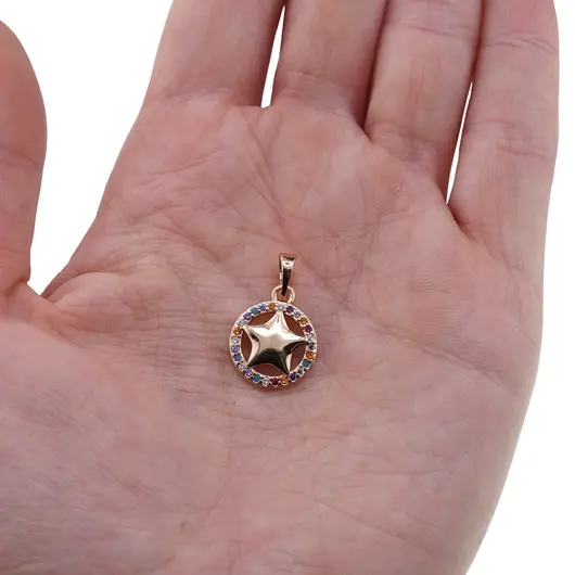 Pandantiv din cupru placat cu aur roz 18k, model rotund zirconii colorate si stea, imagine 3