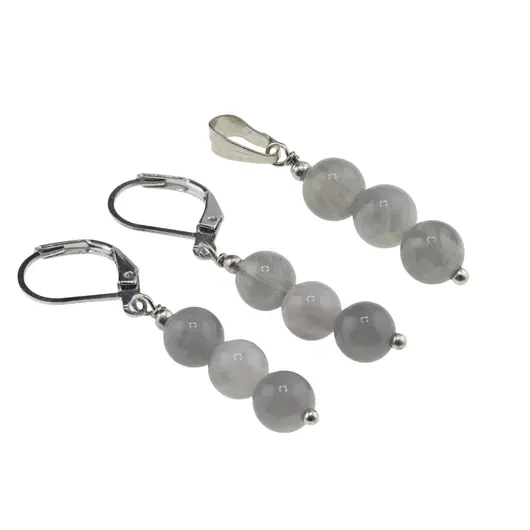 Set Cercei si Pandantiv Cuart gri sfere, 6mm