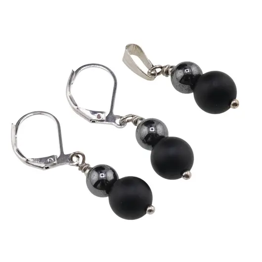 Set Cercei si Pandantiv Hematit si Onix negru mat sfere, 6-8mm