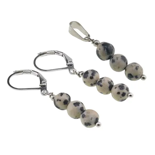 Set Cercei si Pandantiv Jasp dalmatian sfere, 6mm