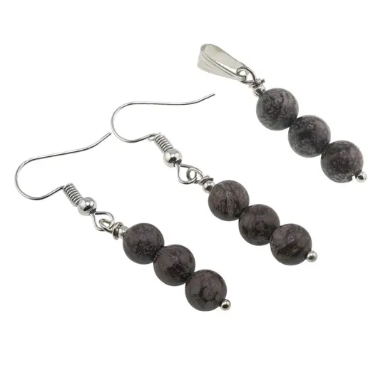 Set Cercei si Pandantiv Obsidian fulg de nea maro sfere, 6-7mm