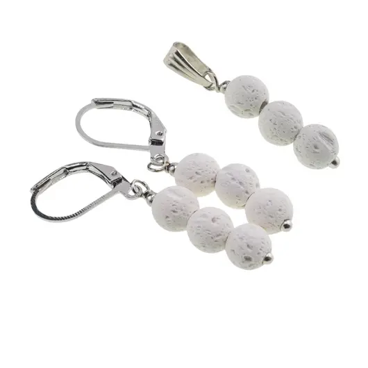 Set Cercei si Pandantiv Roca Vulcanica alba sfere, 6mm