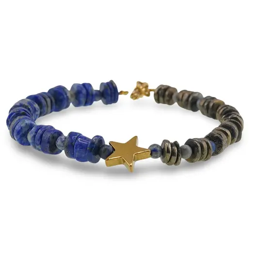 Bratara Lapis lazuli si Pirita discuri 6-7mm, Lapis lazuli sfere 4mm si steluta din Hematit auriu, imagine 2