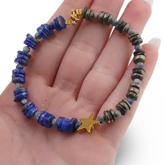 Bratara Lapis lazuli si Pirita discuri 6-7mm, Lapis lazuli sfere 4mm si steluta din Hematit auriu, imagine 3