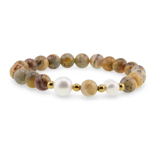 Bratara pe elastic Perle de cultura, bumbi aurii si Agat crazy lace sfere 8mm, imagine 2