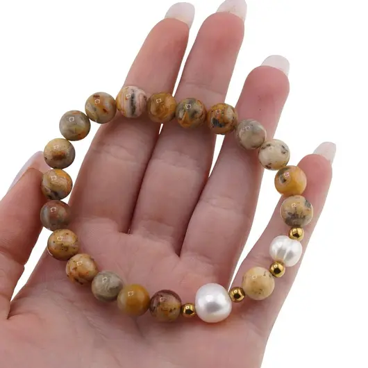 Bratara pe elastic Perle de cultura, bumbi aurii si Agat crazy lace sfere 8mm, imagine 3