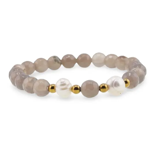 Bratara pe elastic Perle de cultura, bumbi aurii si Agat gri sfere fatetate 8mm, imagine 2