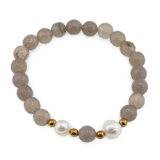 Bratara pe elastic Perle de cultura, bumbi aurii si Agat gri sfere fatetate 8mm