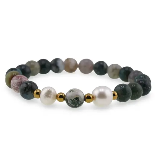 Bratara pe elastic Perle de cultura, bumbi aurii si Agat indian sfere 8mm, imagine 2