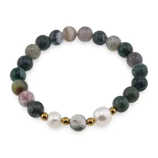 Bratara pe elastic Perle de cultura, bumbi aurii si Agat indian sfere 8mm
