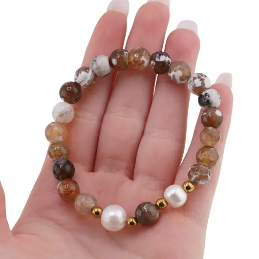 Bratara pe elastic Perle de cultura, bumbi aurii si Agat maro patat sfere fatetate 8mm, imagine 3