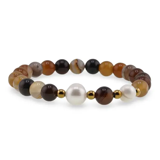 Bratara pe elastic Perle de cultura, bumbi aurii si Agat maro sfere 8mm, imagine 2