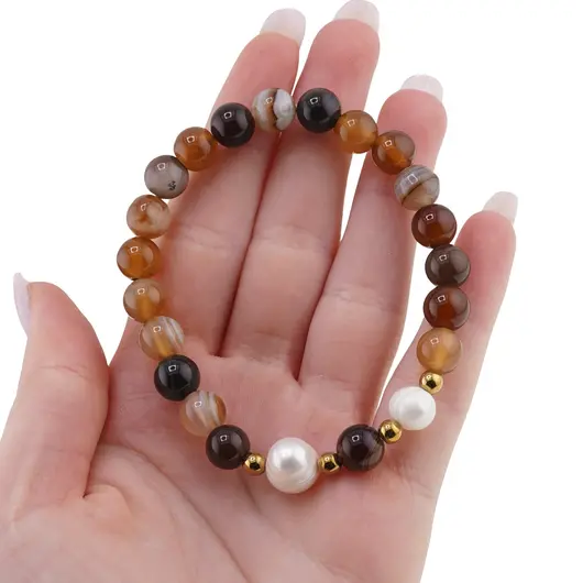 Bratara pe elastic Perle de cultura, bumbi aurii si Agat maro sfere 8mm, imagine 3