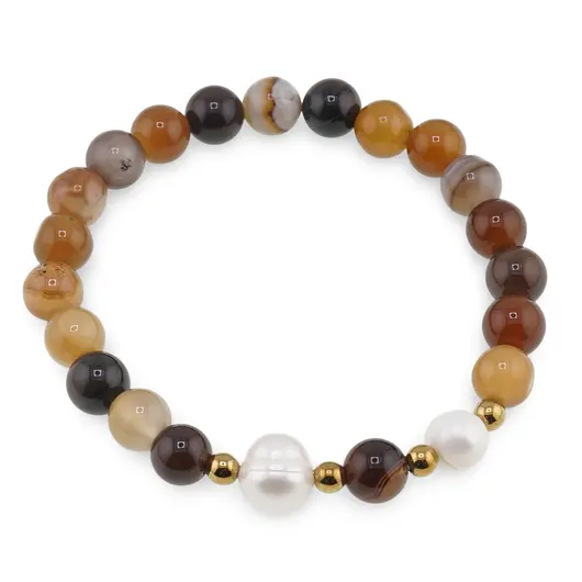 Bratara pe elastic Perle de cultura, bumbi aurii si Agat maro sfere 8mm