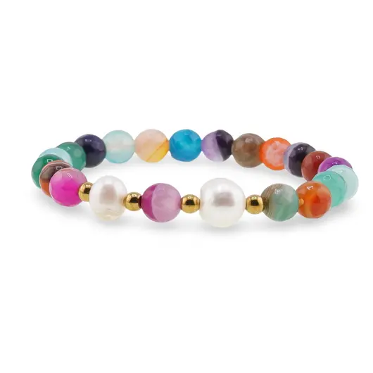 Bratara pe elastic Perle de cultura, bumbi aurii si Agat multicolor dantelat sfere fatetate 8mm, imagine 2