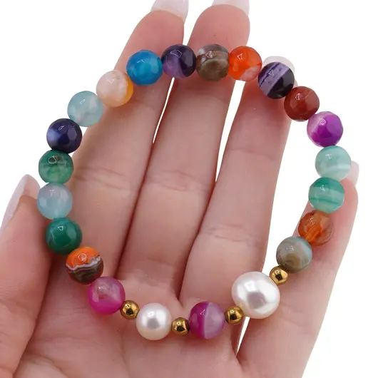 Bratara pe elastic Perle de cultura, bumbi aurii si Agat multicolor dantelat sfere fatetate 8mm, imagine 3
