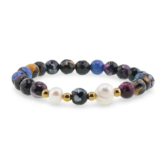 Bratara pe elastic Perle de cultura, bumbi aurii si Agat multicolor patat sfere fatetate 8mm, imagine 2