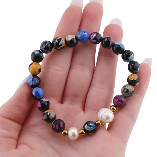 Bratara pe elastic Perle de cultura, bumbi aurii si Agat multicolor patat sfere fatetate 8mm, imagine 3