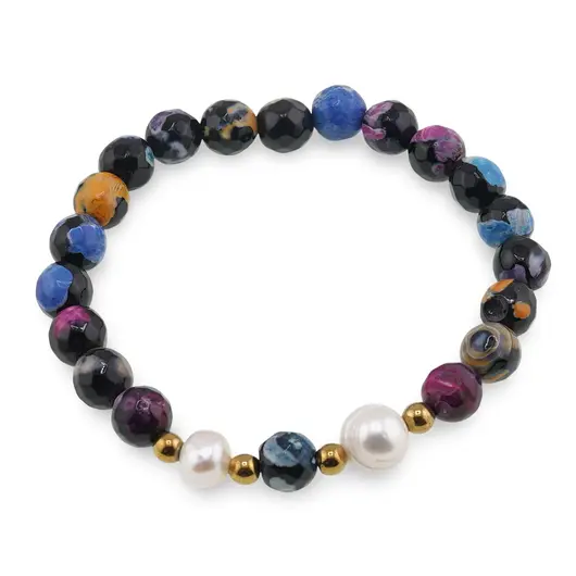 Bratara pe elastic Perle de cultura, bumbi aurii si Agat multicolor patat sfere fatetate 8mm