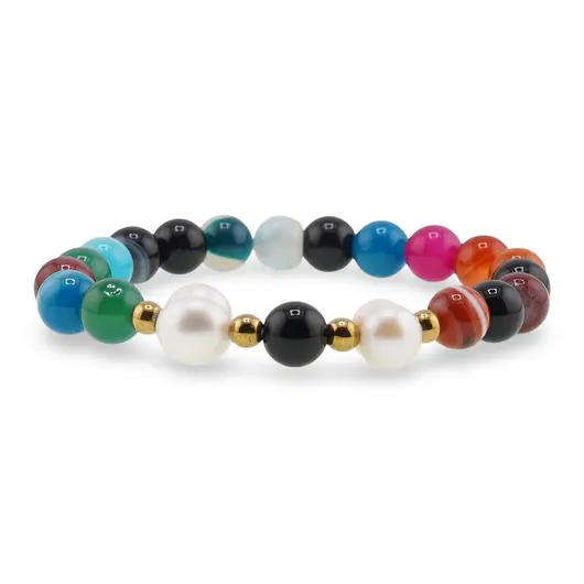 Bratara pe elastic Perle de cultura, bumbi aurii si Agat multicolor sfere 8mm, imagine 2