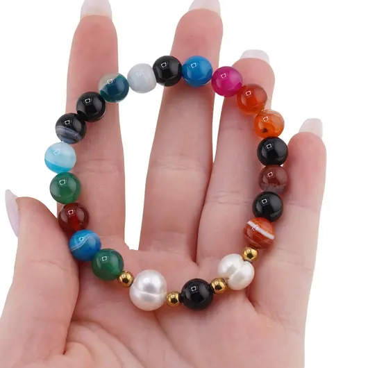Bratara pe elastic Perle de cultura, bumbi aurii si Agat multicolor sfere 8mm, imagine 3