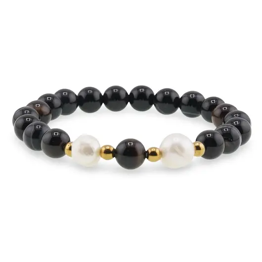 Bratara pe elastic Perle de cultura, bumbi aurii si Agat negru sfere 8mm, imagine 2