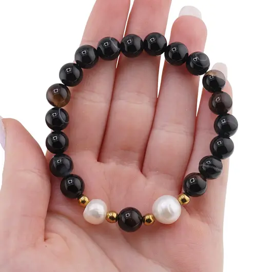 Bratara pe elastic Perle de cultura, bumbi aurii si Agat negru sfere 8mm, imagine 3