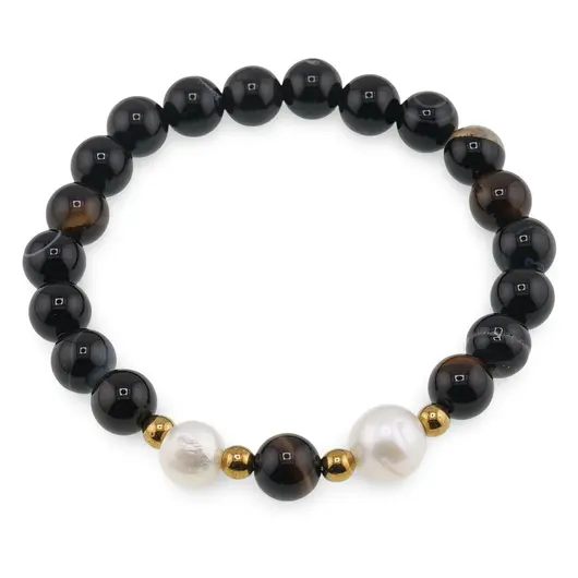 Bratara pe elastic Perle de cultura, bumbi aurii si Agat negru sfere 8mm