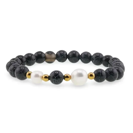 Bratara pe elastic Perle de cultura, bumbi aurii si Agat negru spider sfere 8mm, imagine 2