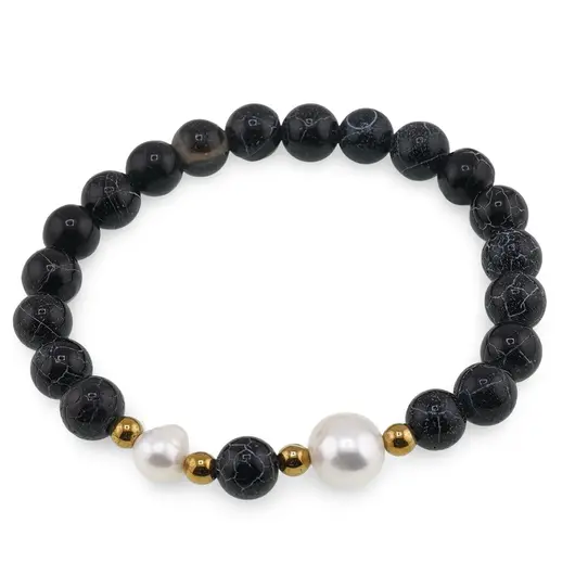 Bratara pe elastic Perle de cultura, bumbi aurii si Agat negru spider sfere 8mm