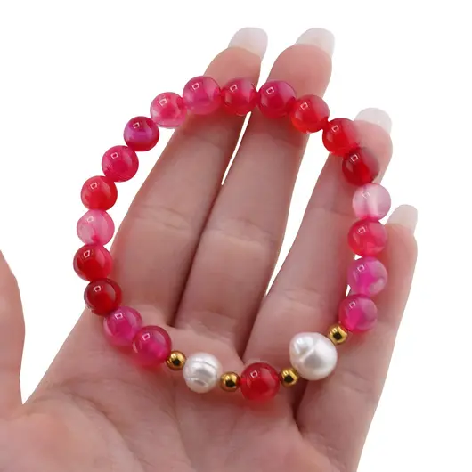 Bratara pe elastic Perle de cultura, bumbi aurii si Agat roz sfere 8mm, imagine 3
