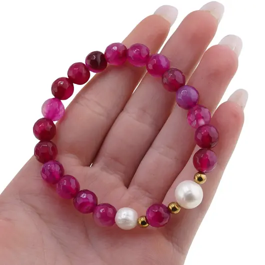 Bratara pe elastic Perle de cultura, bumbi aurii si Agat roz sfere fatetate 8mm, imagine 3