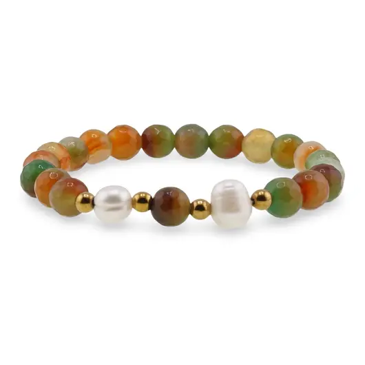 Bratara pe elastic Perle de cultura, bumbi aurii si Agat verde cu galben sfere fatetate 8mm, imagine 2